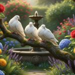 Un jardin paisible avec des tourterelles sur une branche, symbolisant l'amour et la sérénité.