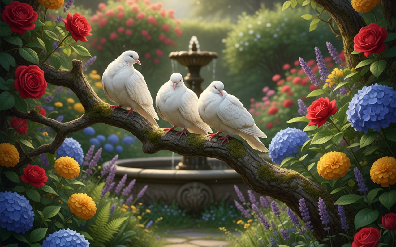 Un jardin paisible avec des tourterelles sur une branche, symbolisant l'amour et la sérénité.