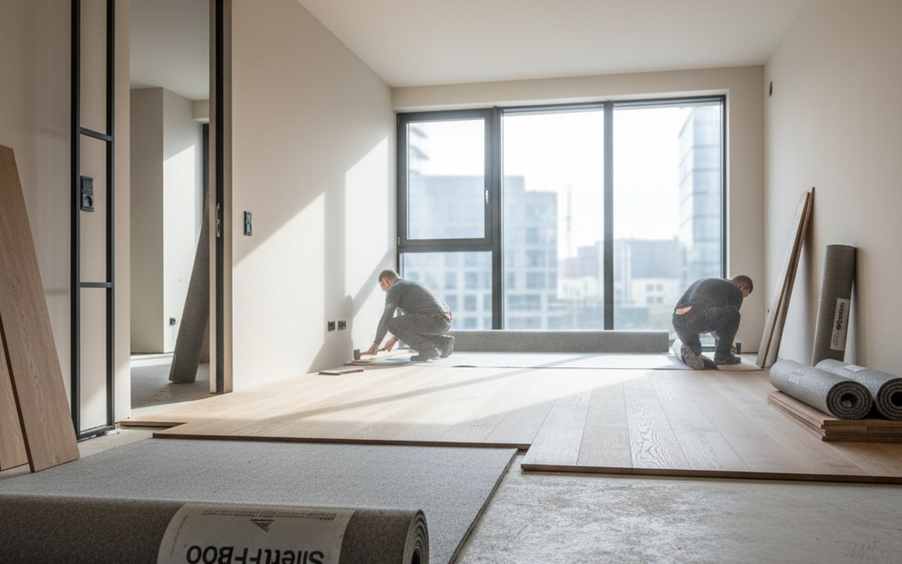 Installation de la sous-couche acoustique SilentFloor DB20 dans un appartement moderne.