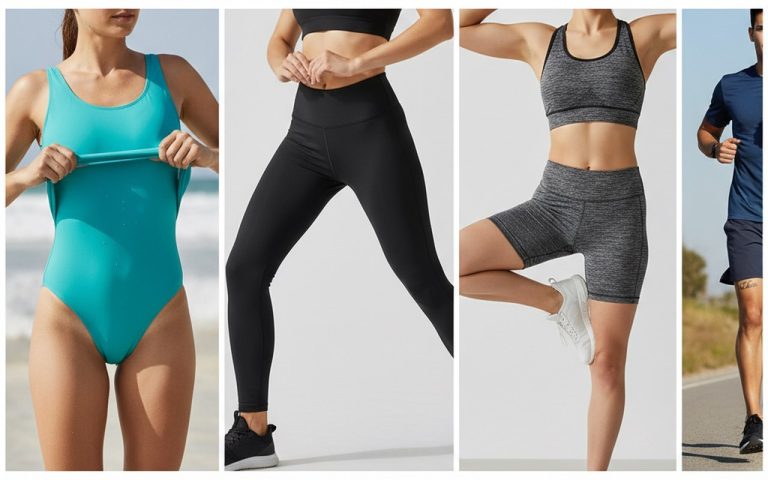 Collage de vêtements en spandex illustrant leur élasticité et confort.