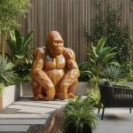 Statue de gorille en résine dans un jardin moderne avec des plantes vertes.