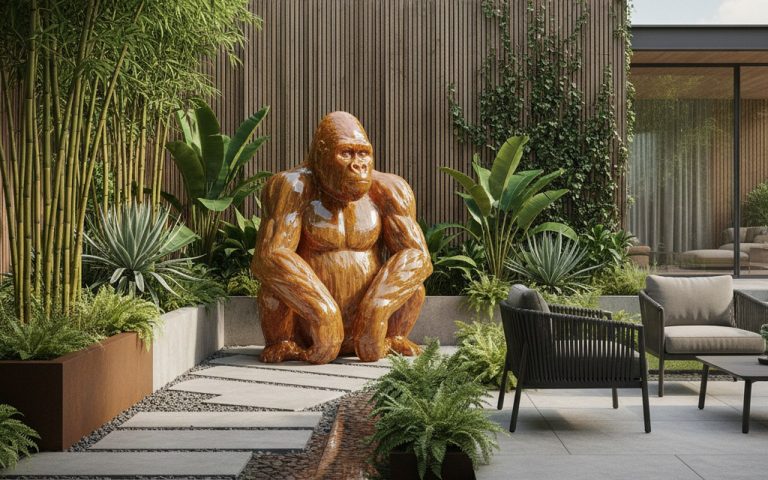 Statue de gorille en résine dans un jardin moderne avec des plantes vertes.