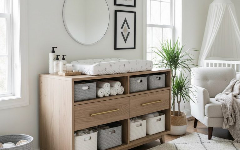 Chambre de bébé avec table à langer commode bien organisée et esthétique.