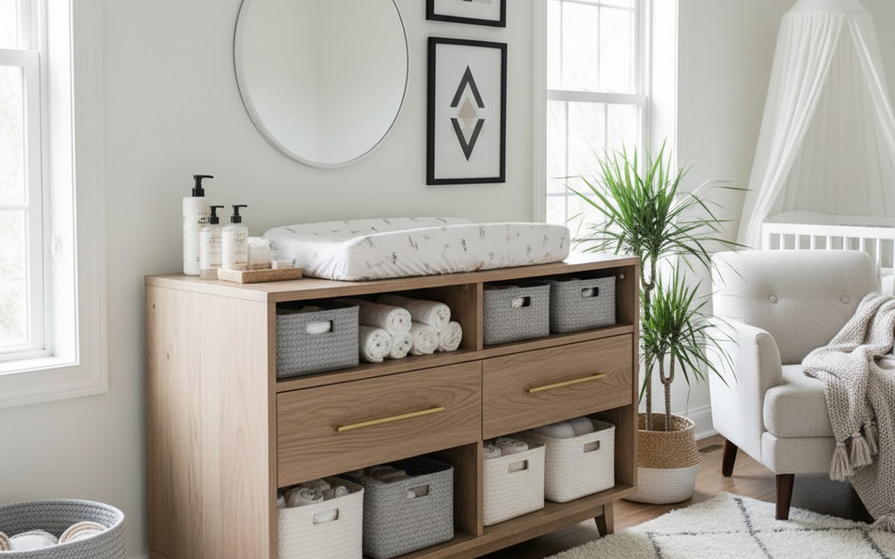 Chambre de bébé avec table à langer commode bien organisée et esthétique.