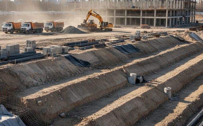 Chantier de talutage avec pentes stabilisées et engins de construction