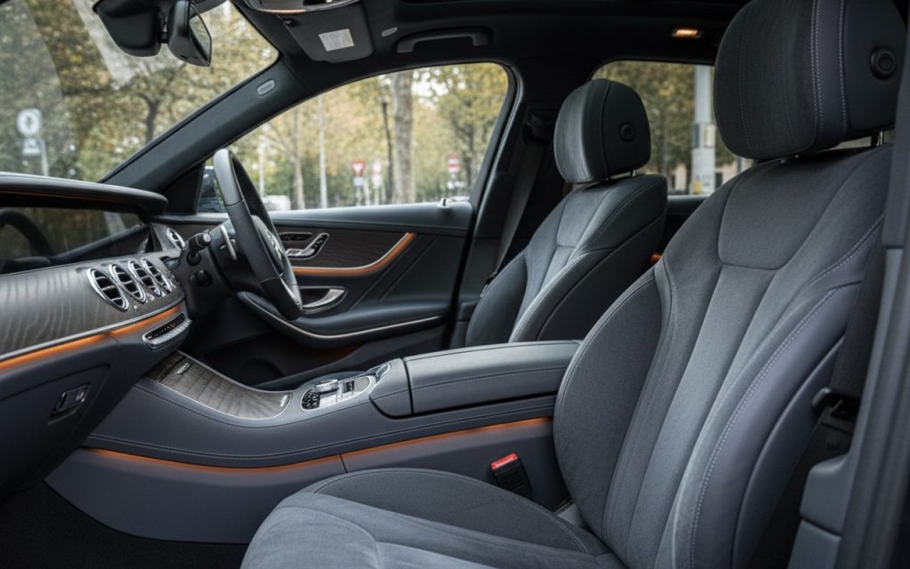 Intérieur de voiture de luxe avec sièges en tissu Alcantara, mettant en avant sa texture veloutée.