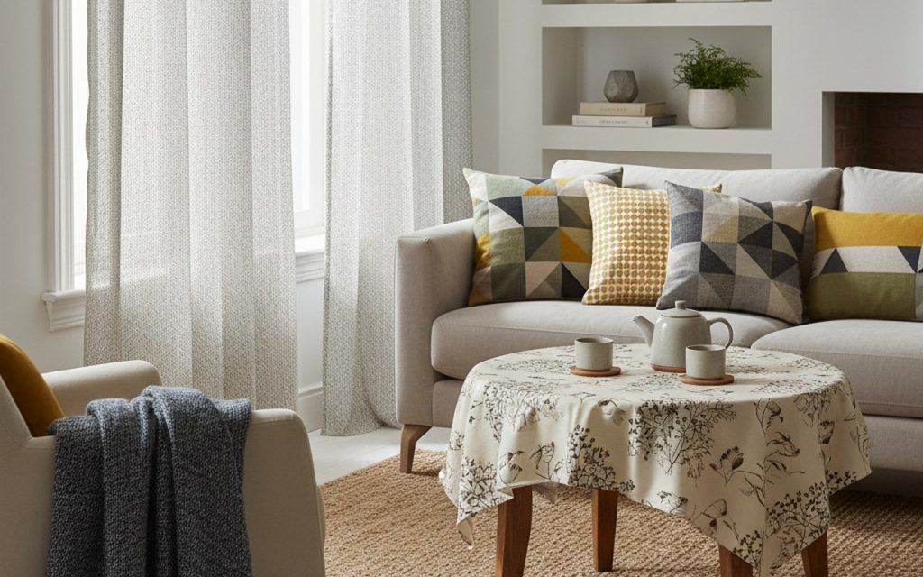 Décoration intérieure avec des objets en tissu enduit, coussins et nappes modernes.