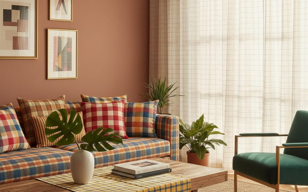 Intérieur décoré avec du tissu madras, coussins colorés et rideaux légers.