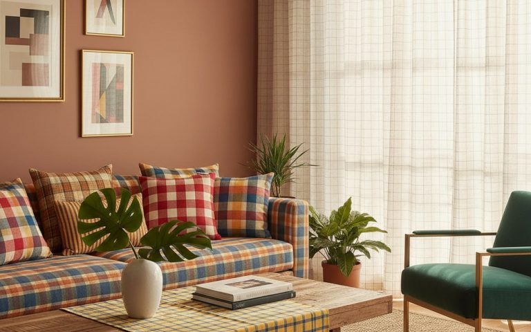 Intérieur décoré avec du tissu madras, coussins colorés et rideaux légers.
