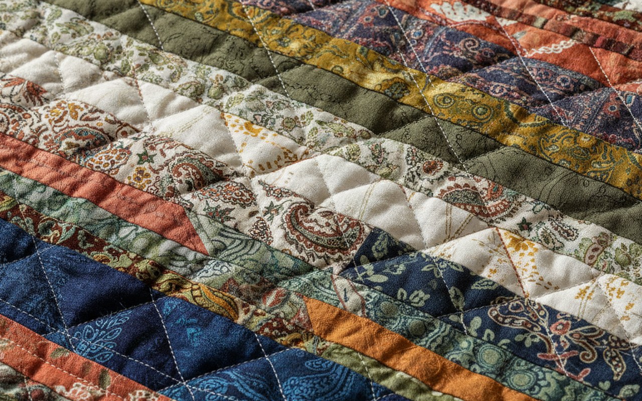 Gros plan sur un tissu matelassé montrant ses textures et motifs de quilting.
