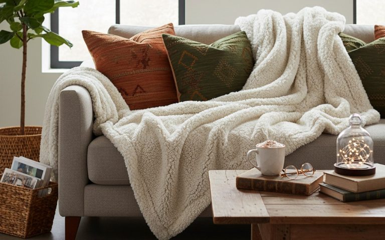 Plaid en tissu sherpa sur un canapé dans un intérieur cosy