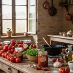 Tomates fraîches et bocaux de conserves dans une cuisine rustique.