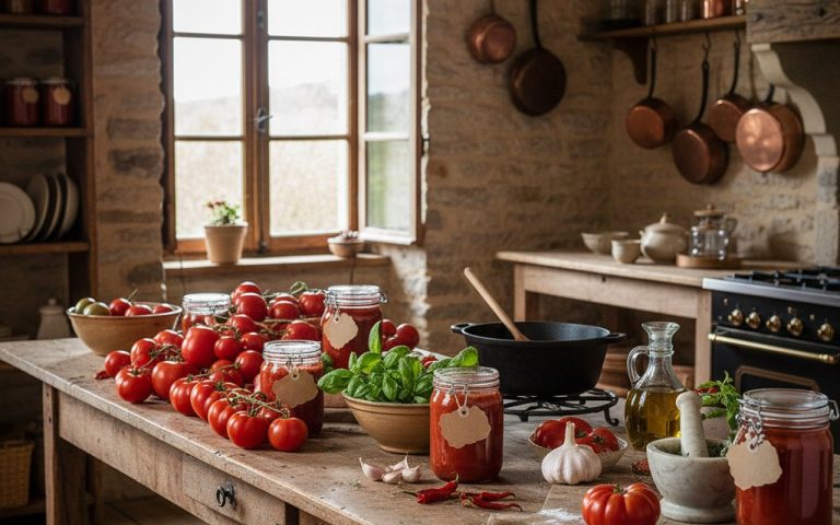 Tomates fraîches et bocaux de conserves dans une cuisine rustique.