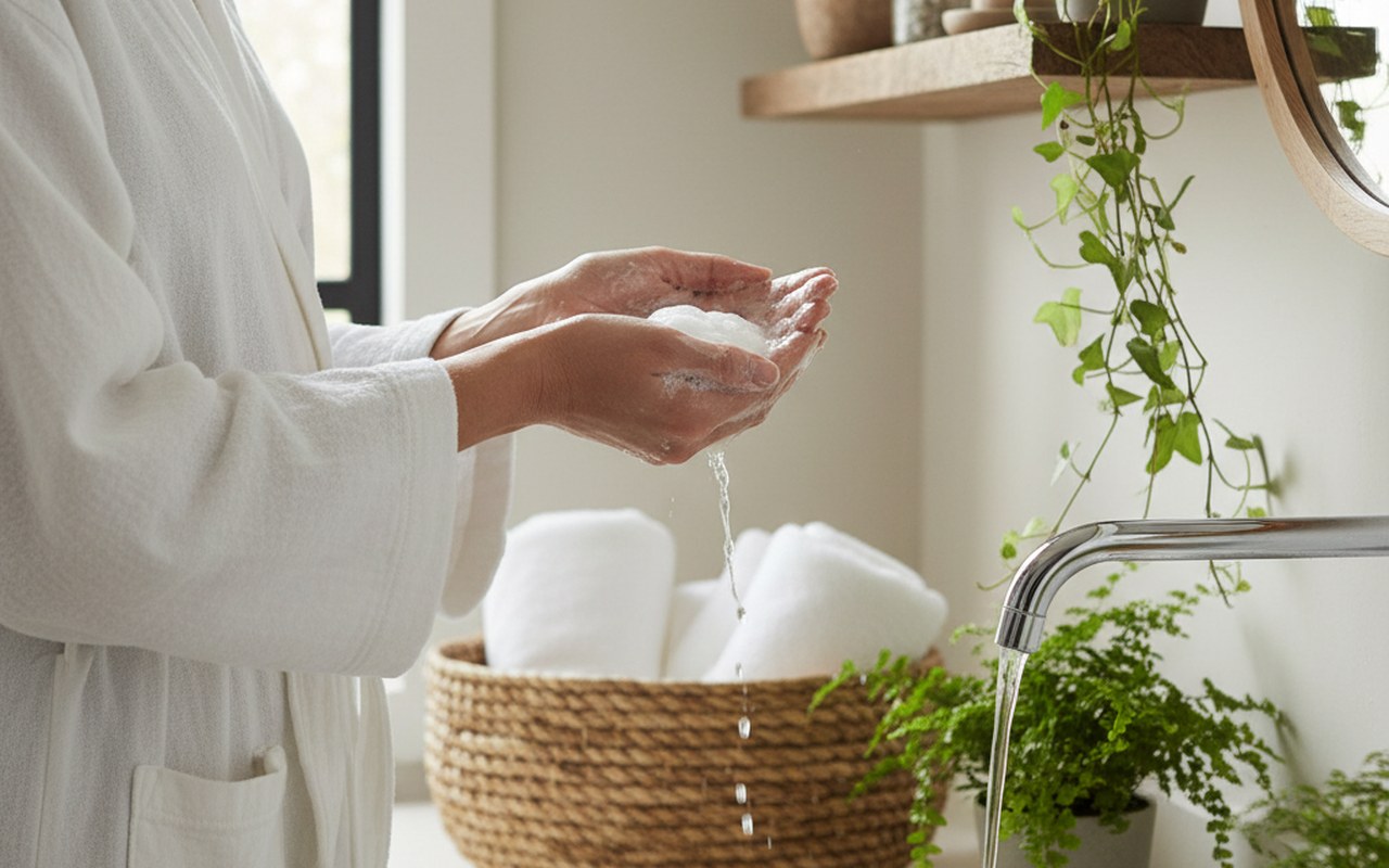 Femme utilisant des produits d'hygiène intime doux dans une salle de bain naturelle
