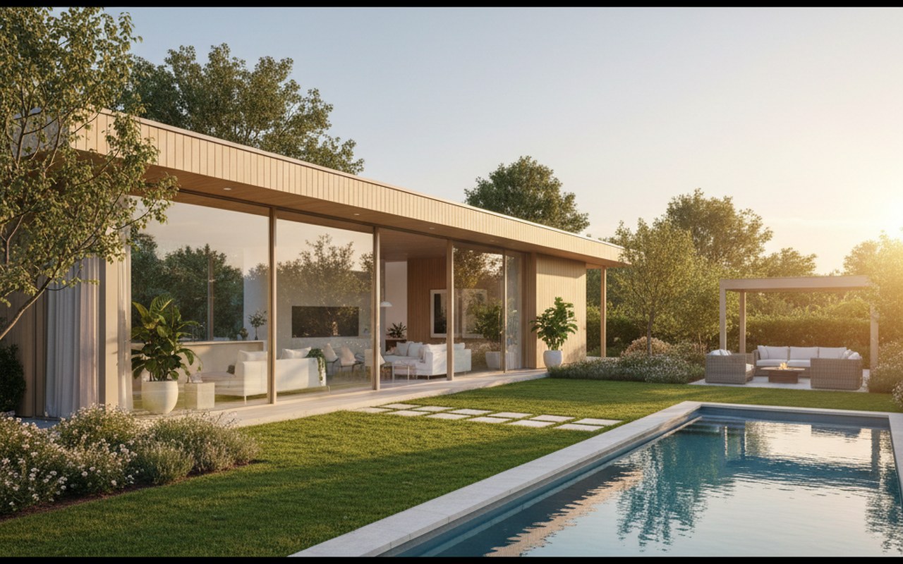 Maison moderne avec jardin, mettant en avant la luminosité naturelle et l'emplacement idéal.