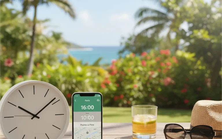 Illustration réaliste sur Heure en Guadeloupe : décalage horaire, appels et voyage sans erreur