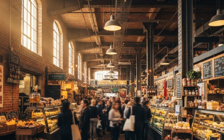 Intérieur de Chelsea Market avec architecture industrielle et stands de nourriture animés.