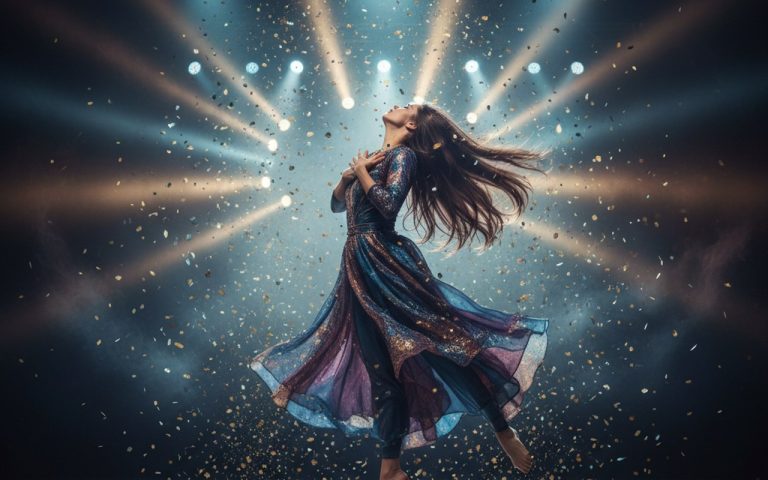 Katrina Patchett en performance de danse, illuminée par des lumières vives.