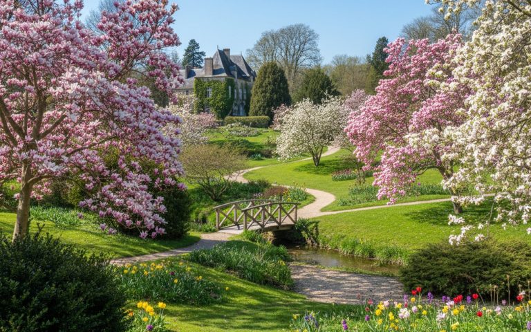 Jardin printanier avec des magnolias en fleurs, incluant Magnolia soulangeana et Magnolia stellata.