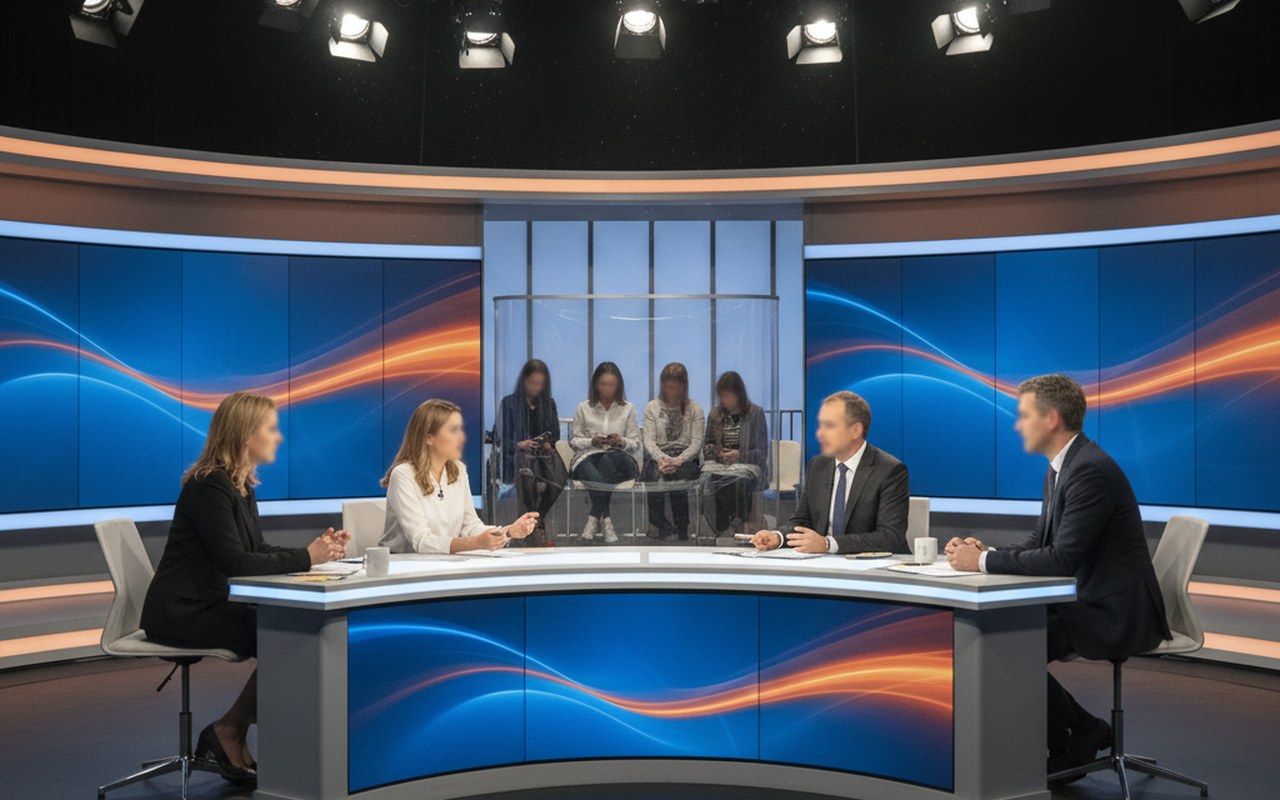Débat médiatique sur des sujets politiques avec des journalistes sur un plateau de télévision.