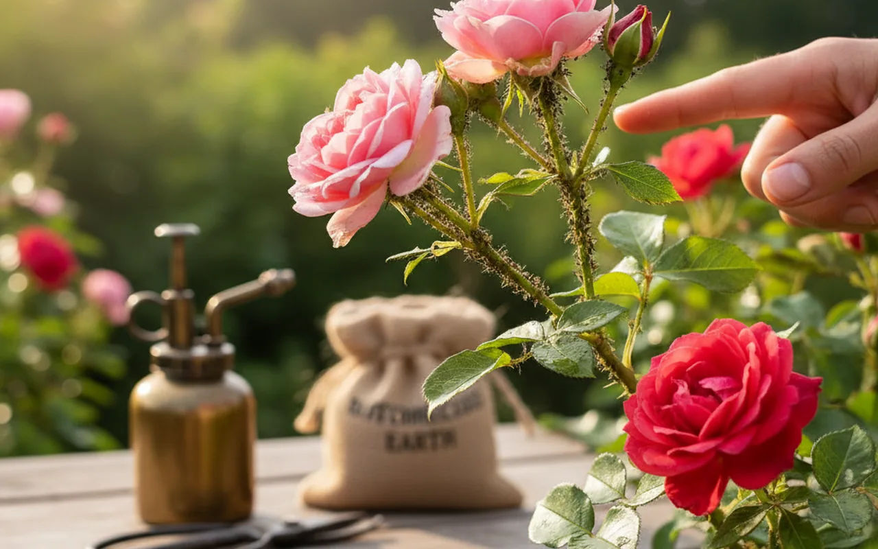 Illustration réaliste sur Pucerons sur rosiers : comprendre, traiter et protéger ses fleurs